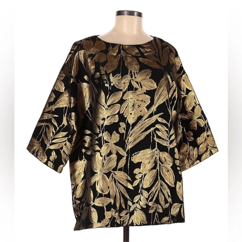 Bryn Walker Yael Folie D' Oro Jacquard Metallic Floral Print Top Size Small